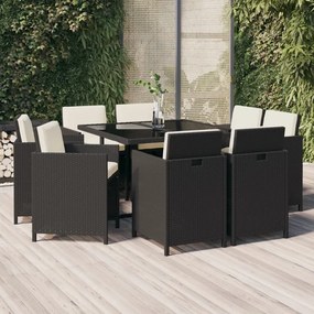 Set da pranzo per giardino 5 pz con cuscini in polyrattan nero