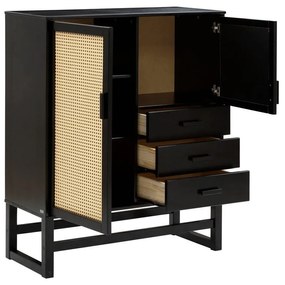 Cassettiera in legno di pino nero con ante in rattan , larghezza 90 cm Jolene - Støraa