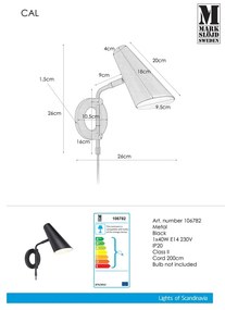 Lampada da parete nera con alimentazione a corrente ø 9,5 cm Cal – Markslöjd