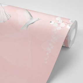 Carta da parati – Foglie con Colibrì in Rosa-Grigio