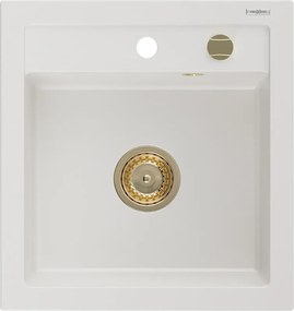 Mexen Vito lavello da cucina in granito 1-vasca 520 x 490 mm, bianco, sifone dorato - 6503521000-20-G