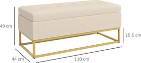 Panca Contenitore Rettangolare 110x44x49 cm con Seduta Imbottita e Gambe in Acciaio Beige...