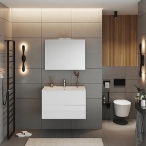 Composizione Eva 80 cm, con due cassetti, Bianco Lucido, lavabo in ceramica, specchiera e lampada LED