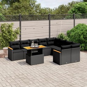 Set divani da giardino 10pz con cuscini in polyrattan nero