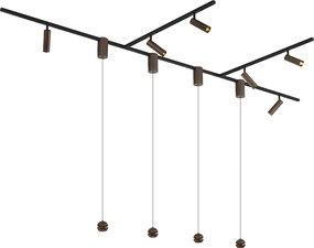 Sistema di illuminazione a binario moderno con 6 faretti e 4 luci a sospensione Easylift bronzo scuro monofase - Slimline Uzzy Tira