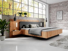 Letto con contenitore con comodini - 2 cassetti - con LED - 160 x 200 cm - Naturale e Antracite - FRANCOLI