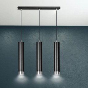 Lampadario 3 Luci Kibo In Acciaio Nero E Tubolari In Nero E Cromo