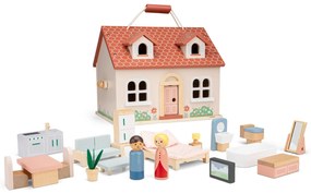 Casa delle bambole pieghevole in legno con mobili