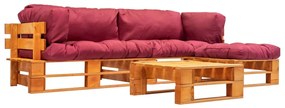 Set divani da giardino su pallet 4 pz con cuscini rossi legno