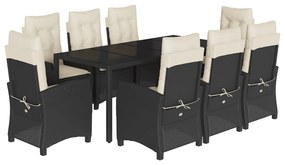 Set da pranzo da giardino 9 pz con cuscini nero in polyrattan