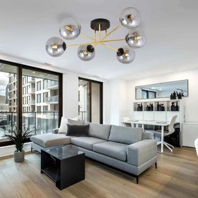 Lampadario Magnum Nero e Oro con 6 Sfere Grafite E14 da soffitto