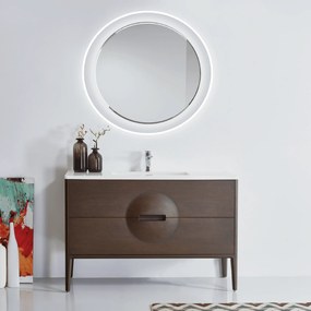 Mobile Bagno a Terra 120 Cm Due Cassetti Specchio Con Illuminazione Led Rubicer "Sphere" Noce