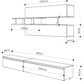 Parete Attrezzata 206 Cm Base TV E Pensili Antracite E Cemento Venus