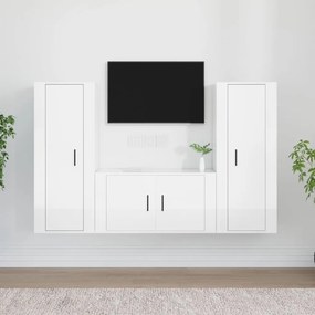 Set Mobili Porta Tv 3 Pz Bianco Lucido İn Legno Multistrato /