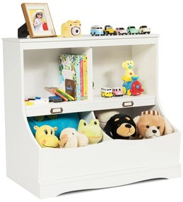 Costway Organizer giocattoli con 2 scompartimenti aperti e 2 contenitori, Libreria multiuso con pedana per bambini, Bianco