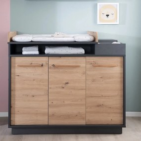 Cassettiera bassa per bambini in rovere con fasciatoio in colore antracite-naturale 118x103 cm Lenn - Roba