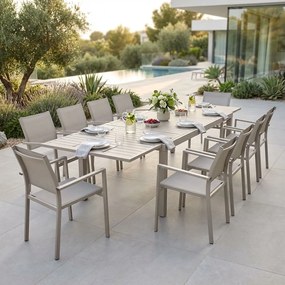 DEXTER - set tavolo in alluminio cm 200/300 x 100 x 74 h con 10 poltrone Venus