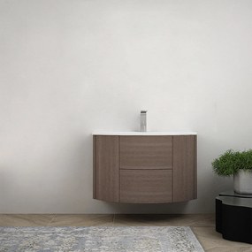 Mobile bagno sospeso 90 cm Rovere scuro design tondo senza specchio e senza colonna