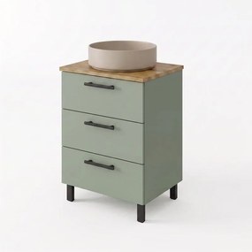 Base Remix 3 cassetti, L60 X P45 X H57.7 cm verde mela, con piedini con lavabo da appoggio Studio SENSEA tondo in ceramica beige satinato piletta inclusa