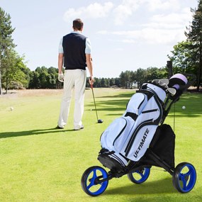 Costway Carrello da golf a spinta con 3 ruote, Carrello pieghevole con borsa rivestita in alluminio cinghia Blu