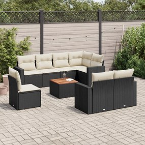 Set divani da giardino 9 pz con cuscini nero in polyrattan