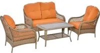 EASYCOMFORT Set Mobili da Giardino in Rattan PE con 2 Poltrone Divano e Tavolino e Cuscini, Colore Khaki e Arancione