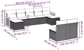 Set Divano da Giardino 9 pz con Cuscini Grigio in Polyrattan