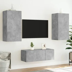 Mobili tv a muro con led 4pz grigio cemento legno multistrato