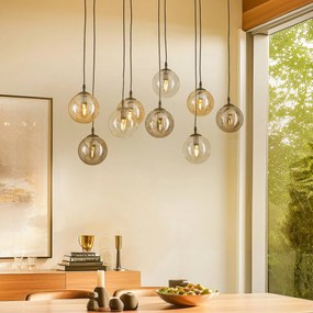 EMIBIG LIGHTING Lampada a sospensione Glassy, a 9 luci, nero, grafite/ambra/trasparente, E14