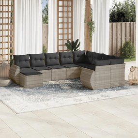 Set divano giardino 10 pz con cuscini grigio chiaro polyrattan