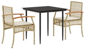 Set da pranzo da giardino 3 pz con cuscini beige in polyrattan