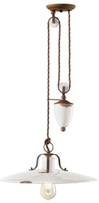 Lampadario Vintage Country Saliscendi Ferro E Ceramica Bianco 1 Luce E27