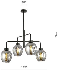 Lampadario Moderno 4 Luci Auriga In Accaio Nero E Vetro Fumè