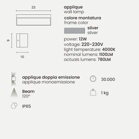 Lampada applique per esterni FALCO a doppia emissione in abs e policarbonato SILVER