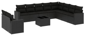 Set divani da giardino 11 pz con cuscini in polyrattan nero