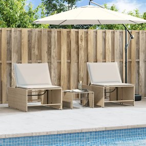 Lettini prendisole 2 pz con tavolino beige in polyrattan