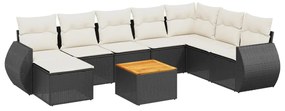 Set divani da giardino 9 pz con cuscini nero in polyrattan