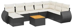 Set divani da giardino 9 pz con cuscini nero in polyrattan
