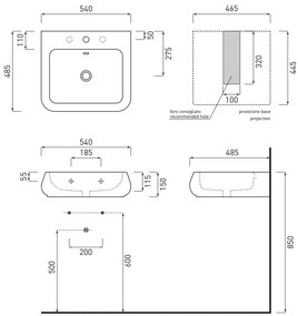 Cielo shui lavabo 54x48 sospeso o da appoggio con troppopieno in ceramica bianco lucido