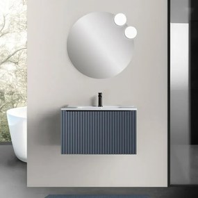Mobile bagno sospeso 70 cm blu notte cannettato con cassetto, specchio e lavabo Nara