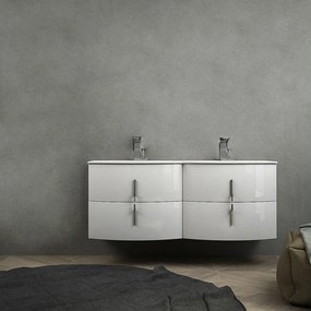 Mobile bagno doppio lavabo 140 cm bianco lucido sospeso senza specchio e senza colonna