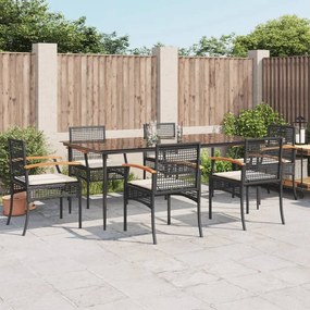 Set da pranzo da giardino 7 pz nero con cuscini in polyrattan