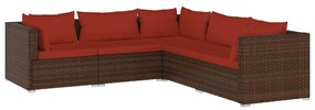 Set Divani da Giardino 5 pz con Cuscini in Polyrattan Marrone