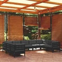 Set Divani da Giardino 9 pz con Cuscini Neri in Legno di Pino 3097323