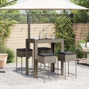 Set bar da giardino 5 pz con cuscini in polyrattan grigio