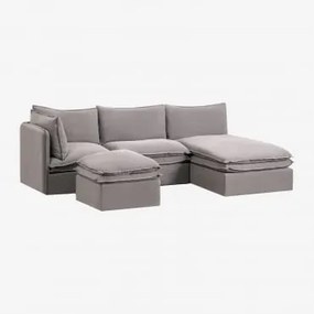 Divano Componibile Con Chaise Longue E Pouf Grace In Lino E Cotone In 3 Pezzi Tessuto Grigio Scuro - Sklum