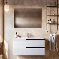 Mobile bagno 100cm sospeso bianco porcellana - jaguar, selezione accessori con specchio