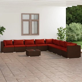 Set Divani da Giardino 10 pz con Cuscini in Polyrattan Marrone