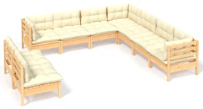 Set divani da giardino 9 pz con cuscini crema massello di pino