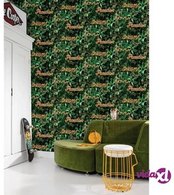 Noordwand Good Vibes Carta da Parati Neon Letter with Plants Verde e Arancione